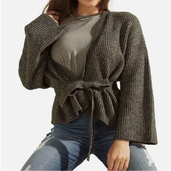 Guess Sweaters - GUESS Womens Gray Tie Relaxed Fit Kimono Sleeve Open Cardigan Sweater